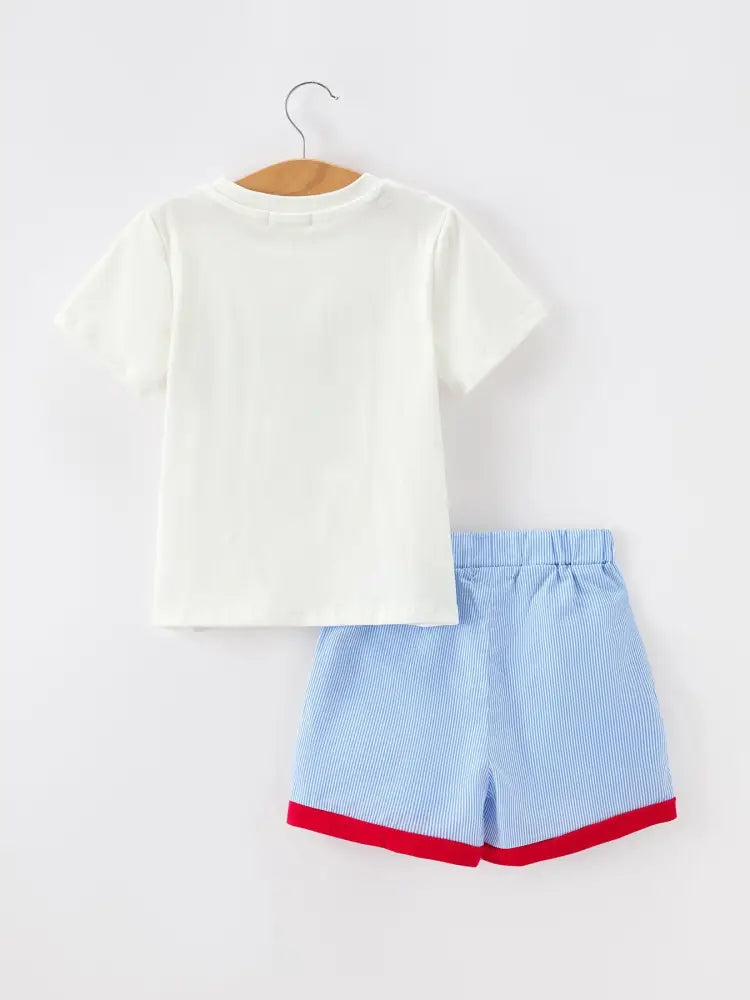 Back To School Apple Pencil Embroidery Boy Top Shorts Set - Outfit