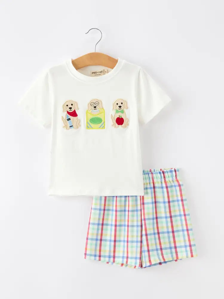 Boys Back To School Dog Plaid Short Set Applique - Outfit