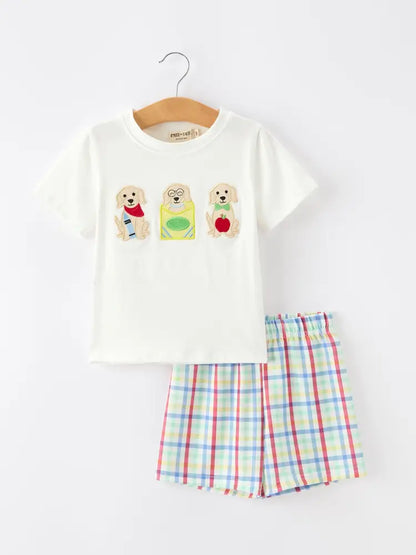 Boys Back To School Dog Plaid Short Set Applique - Outfit