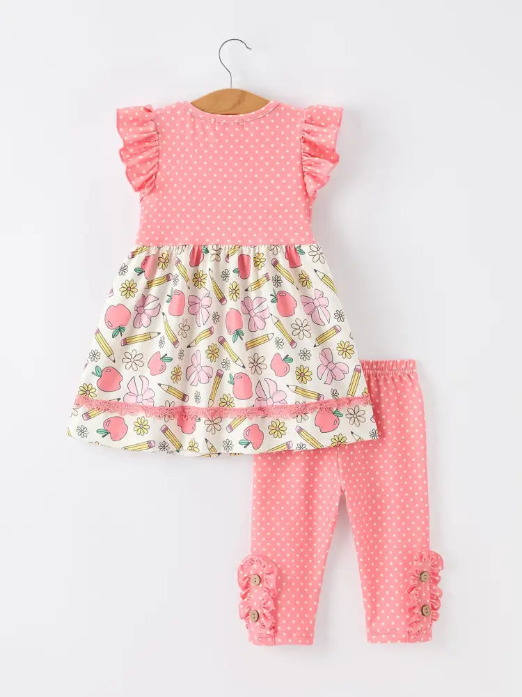 Girls Back To School Apple Pencil Polka Dot Dress Leggings Set - Outfit