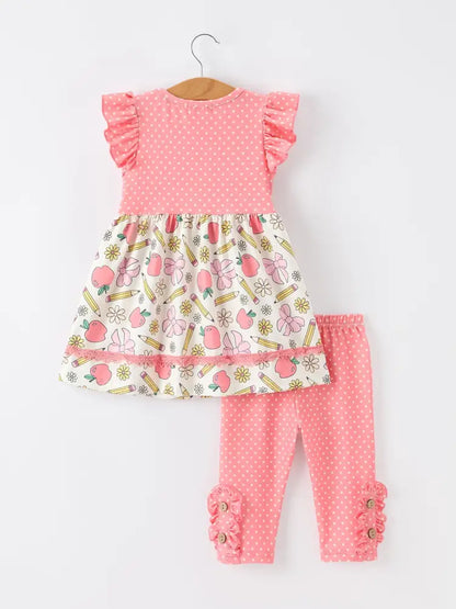 Girls Back To School Apple Pencil Polka Dot Dress Leggings Set - Outfit