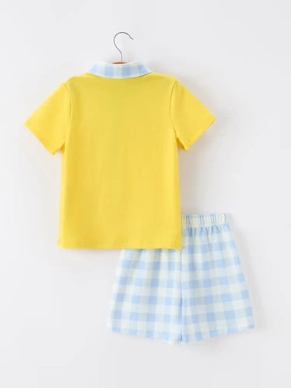 Boys Back To School Pencil Plaid Polo Short Set Embroidery - Outfit