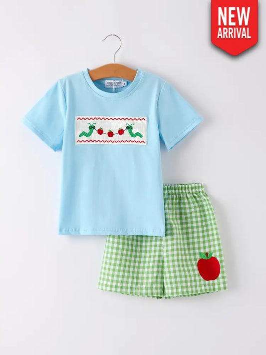 Boys Back to School Smock Embroidered Top+ Plaid Shorts - Outfit