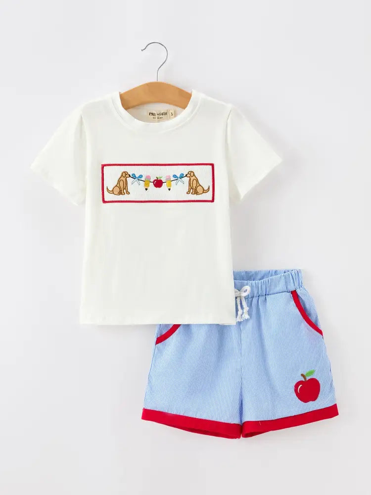 Back To School Apple Pencil Embroidery Boy Top Shorts Set - Outfit