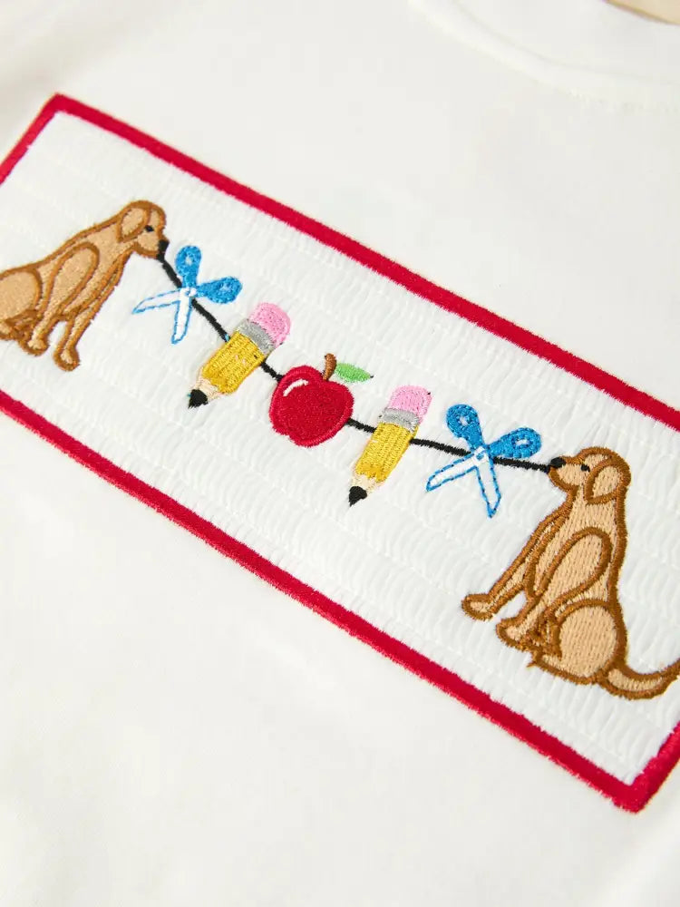 Back To School Apple Pencil Embroidery Boy Top Shorts Set - Outfit