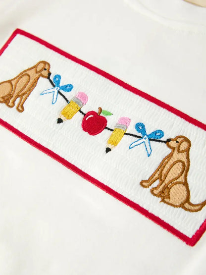 Back To School Apple Pencil Embroidery Boy Top Shorts Set - Outfit