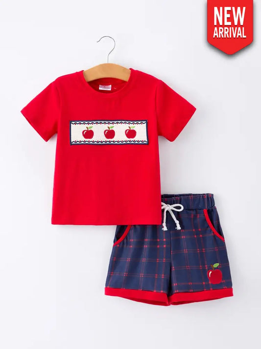 Back To School Apple Boys Set Plaid Shorts - Outfit