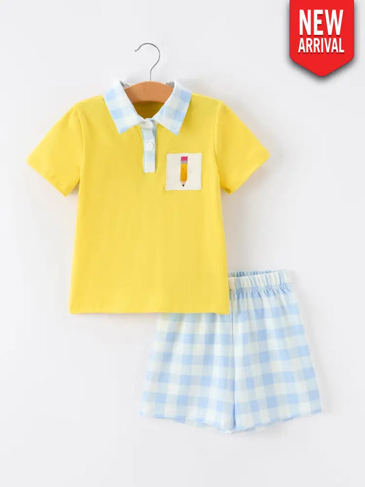 Boys Back To School Pencil Plaid Polo Short Set Embroidery - Outfit