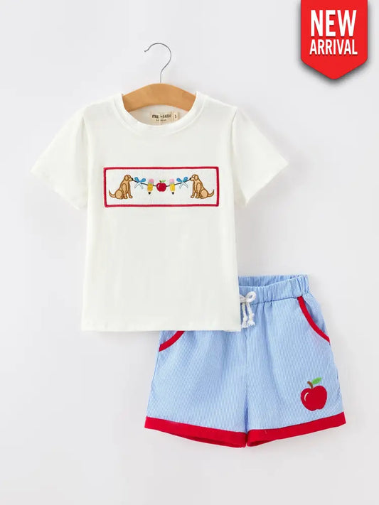 Back To School Apple Pencil Embroidery Boy Top Shorts Set - Outfit