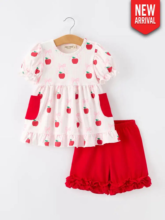 Girls Back To School Apple Bow Pocket Ruffle Top Shorts Set - Outfit