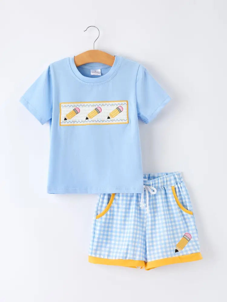 Back to School Pencil Boys Set Applique Plaid Shorts - Outfit