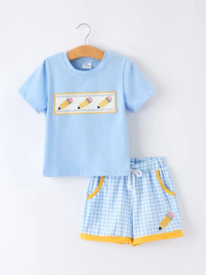 Back to School Pencil Boys Set Applique Plaid Shorts - Outfit