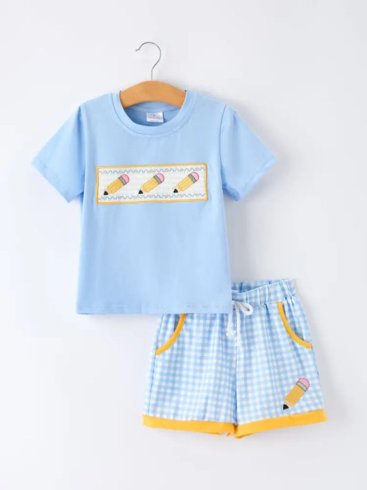 Back to School Pencil Boys Set Applique Plaid Shorts - Outfit