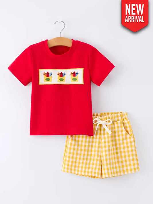 Back to School Crayon Smocked Boys Plaid Shorts Set - Outfit