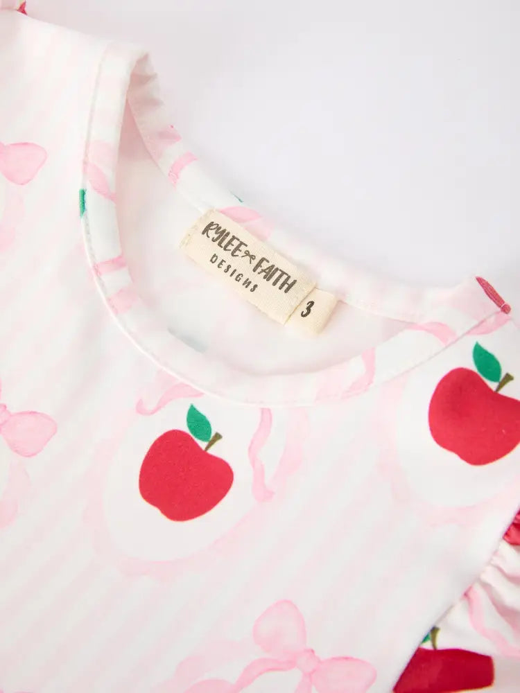 Girls Back To School Apple Bow Pocket Ruffle Top Shorts Set - Outfit