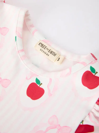 Girls Back To School Apple Bow Pocket Ruffle Top Shorts Set - Outfit