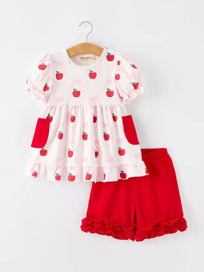 Girls Back To School Apple Bow Pocket Ruffle Top Shorts Set - Outfit