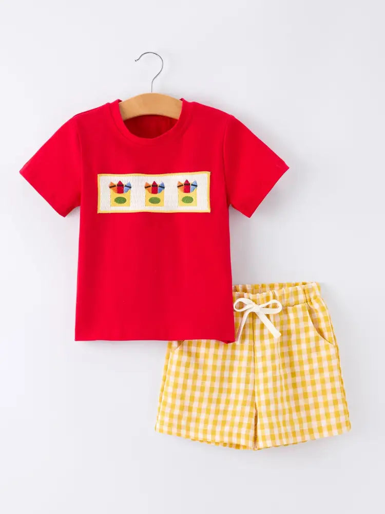 Back to School Crayon Smocked Boys Plaid Shorts Set - Outfit