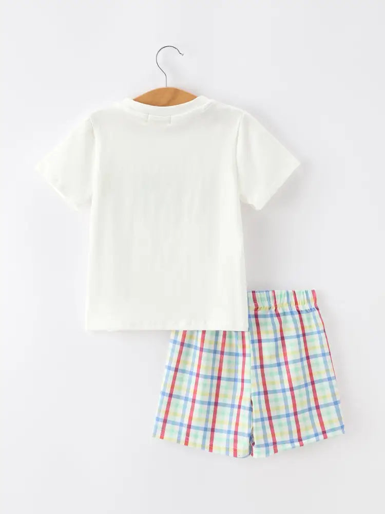 Boys Back To School Dog Plaid Short Set Applique - Outfit