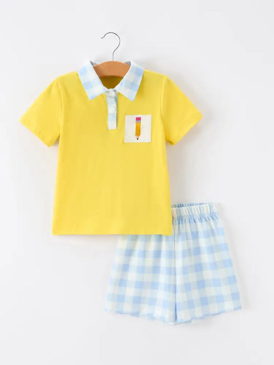 Boys Back To School Pencil Plaid Polo Short Set Embroidery - Outfit