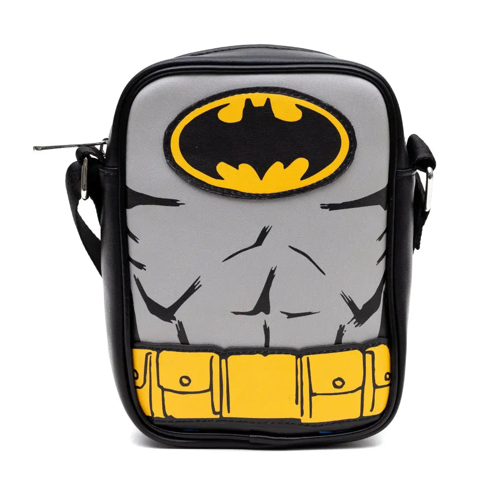 DC Comics Vegan Leather Round Crossbody Bag with Adjustable Straps Batman Character Close Up with Bat and Belt