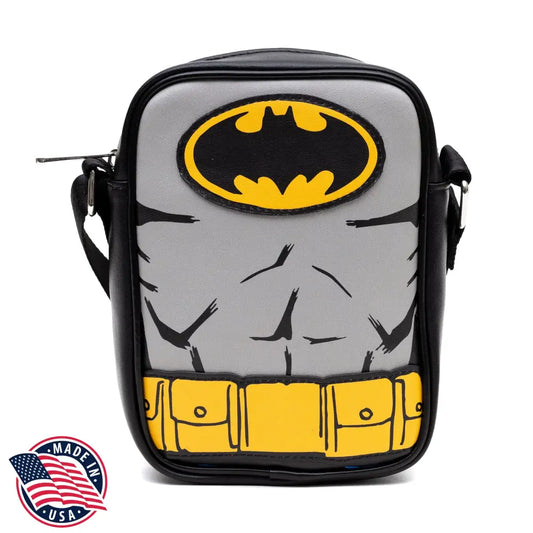 DC Comics Vegan Leather Round Crossbody Bag with Adjustable Straps Batman Character Close Up with Bat and Belt