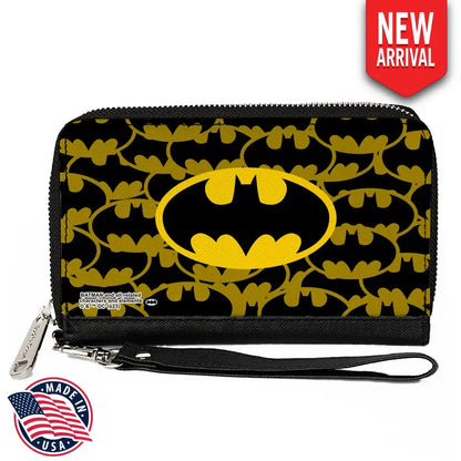 PU Zip Around Wallet Rectangle - Batman Bat Signal Stacked and Centered Yellow/Black Clutch Zip Around Wallets