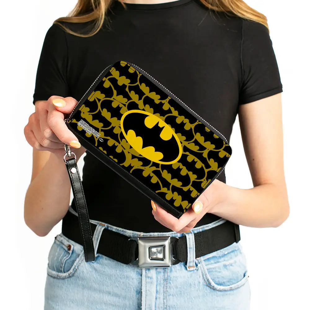 PU Zip Around Wallet Rectangle - Batman Bat Signal Stacked and Centered Yellow/Black Clutch Zip Around Wallets