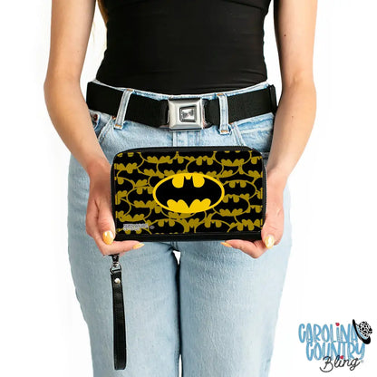 PU Zip Around Wallet Rectangle - Batman Bat Signal Stacked and Centered Yellow/Black Clutch Zip Around Wallets