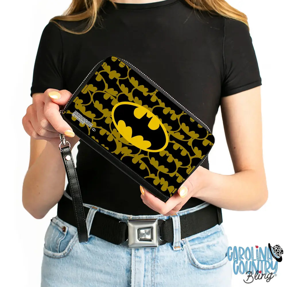 PU Zip Around Wallet Rectangle - Batman Bat Signal Stacked and Centered Yellow/Black Clutch Zip Around Wallets