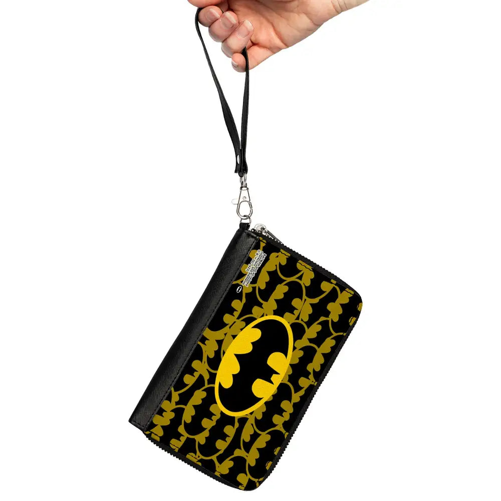 PU Zip Around Wallet Rectangle - Batman Bat Signal Stacked and Centered Yellow/Black Clutch Zip Around Wallets