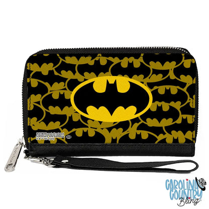 PU Zip Around Wallet Rectangle - Batman Bat Signal Stacked and Centered Yellow/Black Clutch Zip Around Wallets