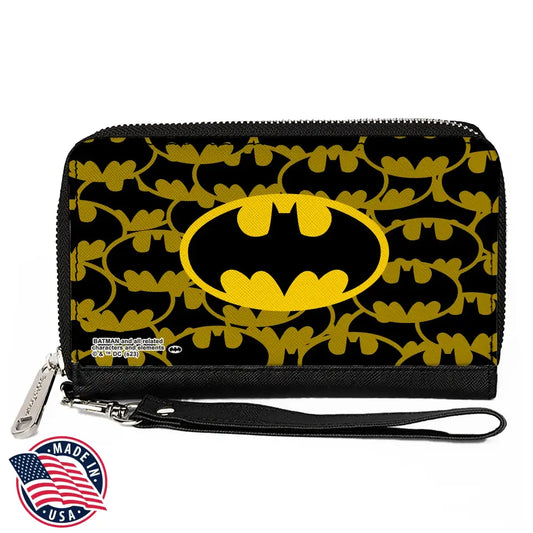 PU Zip Around Wallet Rectangle - Batman Bat Signal Stacked and Centered Yellow/Black Clutch Zip Around Wallets
