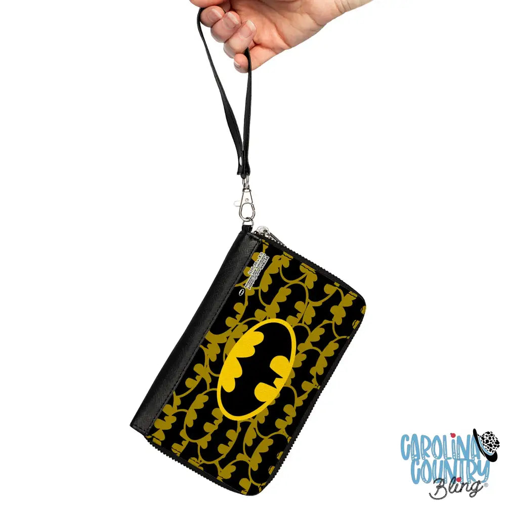 PU Zip Around Wallet Rectangle - Batman Bat Signal Stacked and Centered Yellow/Black Clutch Zip Around Wallets