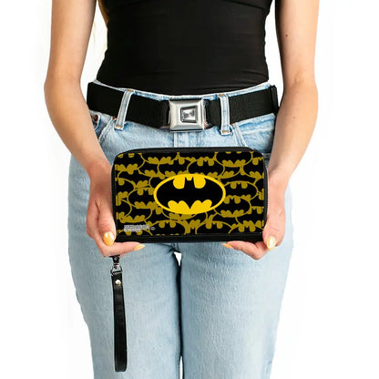PU Zip Around Wallet Rectangle - Batman Bat Signal Stacked and Centered Yellow/Black Clutch Zip Around Wallets
