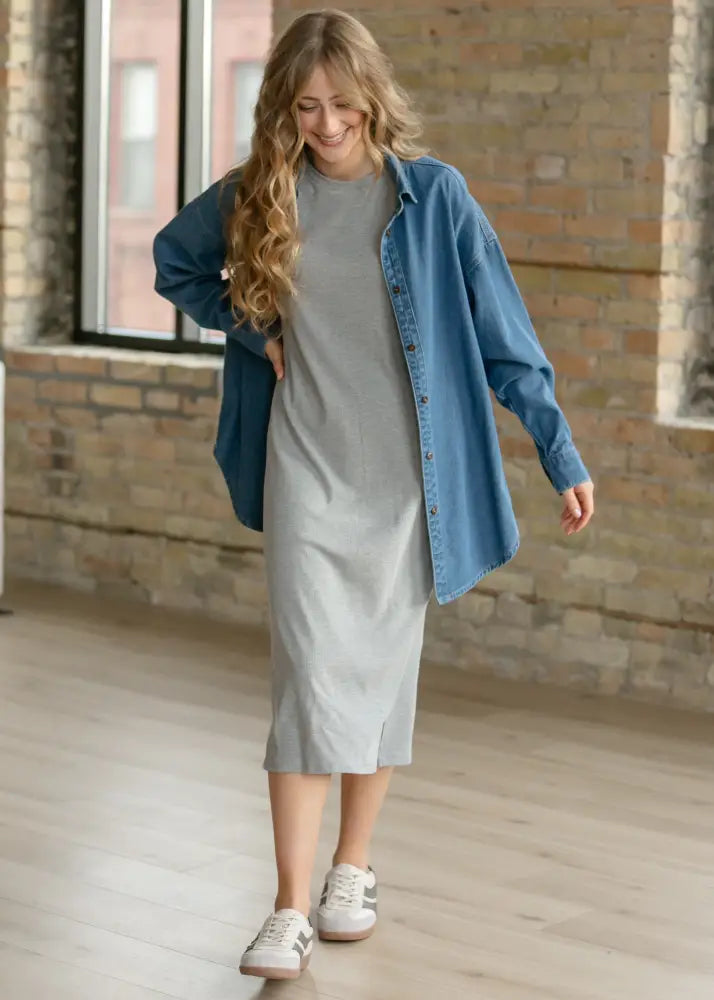 Baylor Gray Ribbed T-shirt Dress - IC Dresses