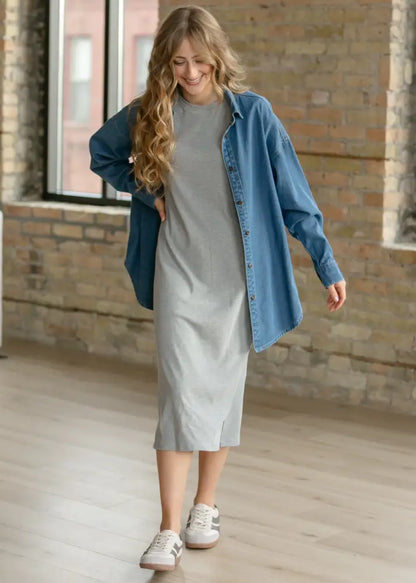 Baylor Gray Ribbed T-shirt Dress - IC Dresses