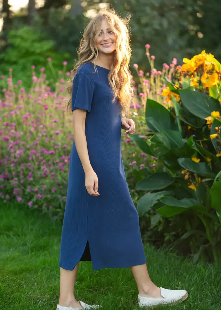 Baylor Navy Ribbed T-shirt Dress - IC Dresses