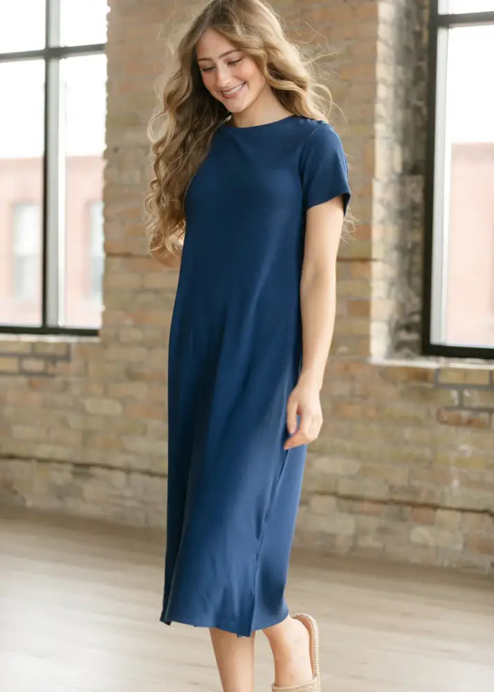 Baylor Navy Ribbed T-shirt Dress - IC Dresses