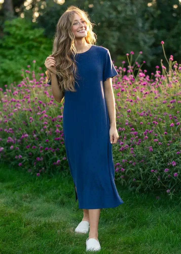 Baylor Navy Ribbed T-shirt Dress - IC Dresses