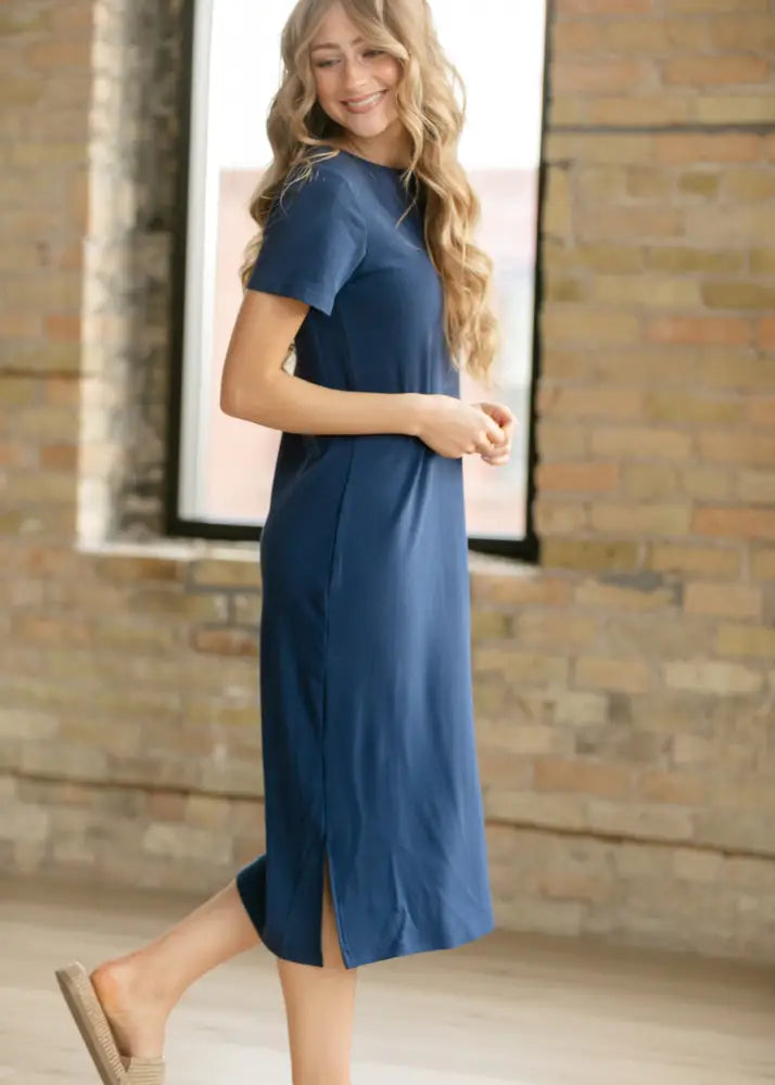 Baylor Navy Ribbed T-shirt Dress - IC Dresses
