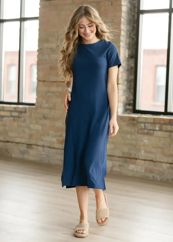 Baylor Navy Ribbed T-shirt Dress - XS - IC Dresses