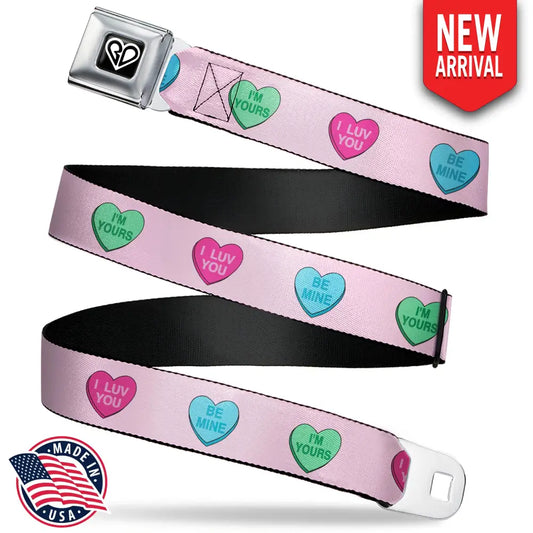 BD Heart Logo Full Color Black/White Seatbelt Belt - Candy Hearts Baby Pink Webbing Seatbelt Belts