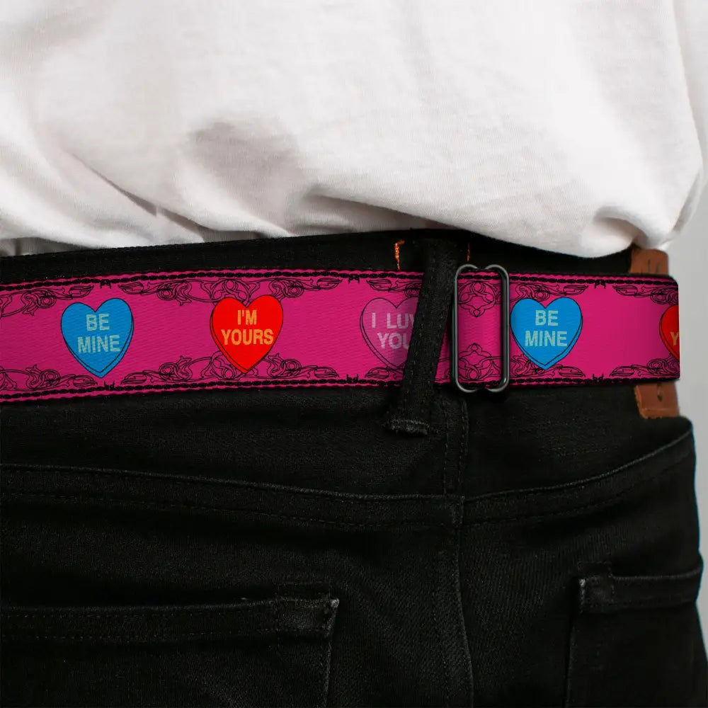 BD Wings Logo CLOSE-UP Full Color Black Silver Seatbelt Belt - Candy Hearts Webbing Seatbelt Belts