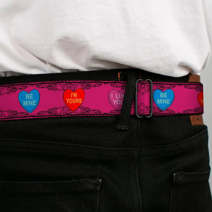 BD Wings Logo CLOSE-UP Full Color Black Silver Seatbelt Belt - Candy Hearts Webbing Seatbelt Belts