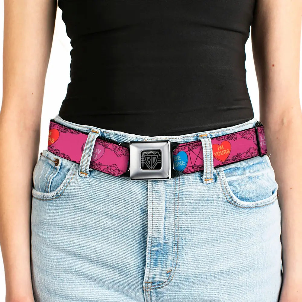 BD Wings Logo CLOSE-UP Full Color Black Silver Seatbelt Belt - Candy Hearts Webbing Seatbelt Belts