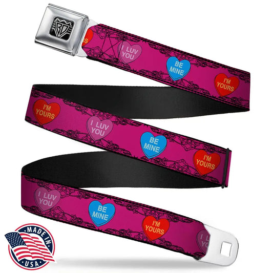 BD Wings Logo CLOSE-UP Full Color Black Silver Seatbelt Belt - Candy Hearts Webbing Seatbelt Belts