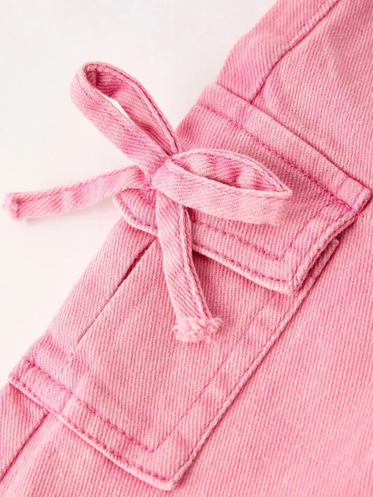 Pink Bell Bottom Jeans – Frayed Hem with Cargo Pockets - Jeans