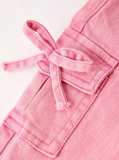 Pink Bell Bottom Jeans – Frayed Hem with Cargo Pockets - Jeans