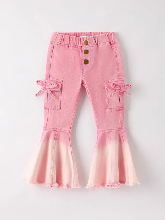 Pink Bell Bottom Jeans – Frayed Hem with Cargo Pockets - Jeans
